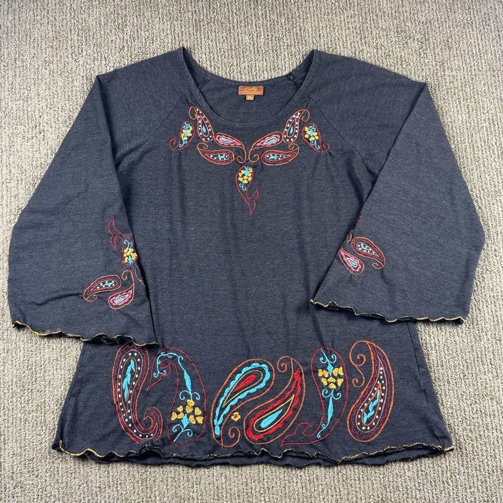Scully Womens XL Embroidered Tunic Top Flare Bell Sleeve Western Boho Grey